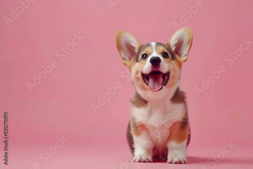 happy Puppy Welsh Corgi 13 Weeks old, dog winking, panting and sitting isolated on one color background - Generative Ai © FDStock