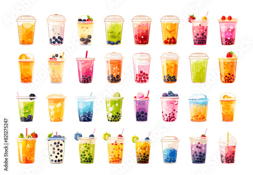 Bubble tea cartoon vector set. Creamy juice drink mugs transparent containers delicious milk chewing fruits tapioca berries mix, bright illustration isolated on white background