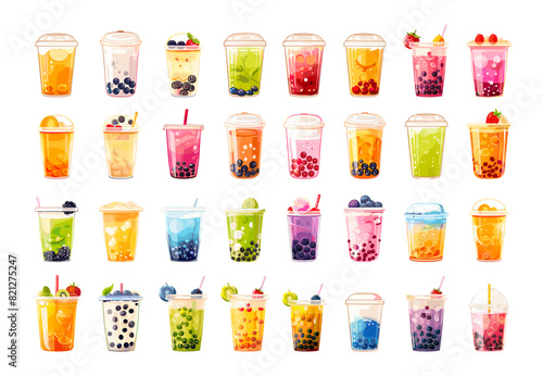 Bubble tea cartoon vector set. Creamy juice drink mugs transparent containers delicious milk chewing fruits tapioca berries mix  bright illustration isolated on white background