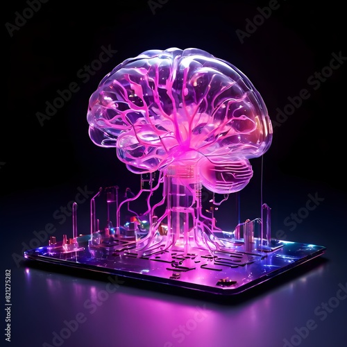 a computerchip on a motherboard with an light pink hologramm of an brain flowing on top of it photo
