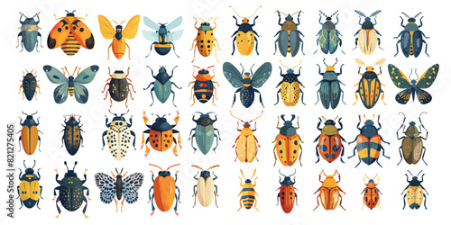 Bugs beetles cartoon vector set. Scarabeus goliaf bombardier may dung rhinoceros colorado longhorned pollinators winged insects illustration isolated on white background