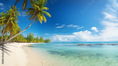 Generate a high quality photo of a beautiful beach with palm trees  white sand  and crystal clear water