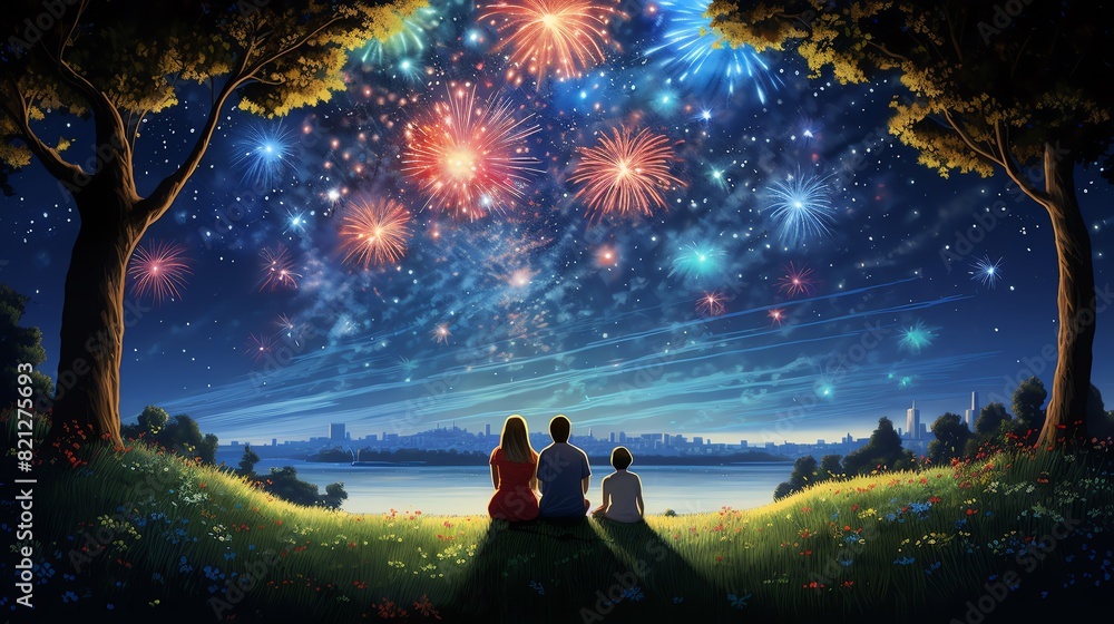 A family is sitting on a hill, watching fireworks A family is sitting on a hill, watching fireworks