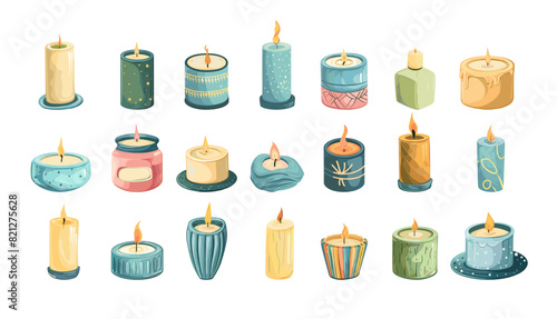 Candles cartoon vector set. Wax paraffin spa multiform burning fire scented holiday commemorative ritual beauty saloon illustration isolated on white background