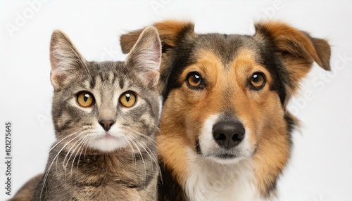 portrait of a dog and a cat looking at the camera in front of a white background. AI generated