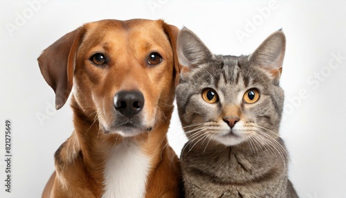 portrait of a dog and a cat looking at the camera in front of a white background. AI generated