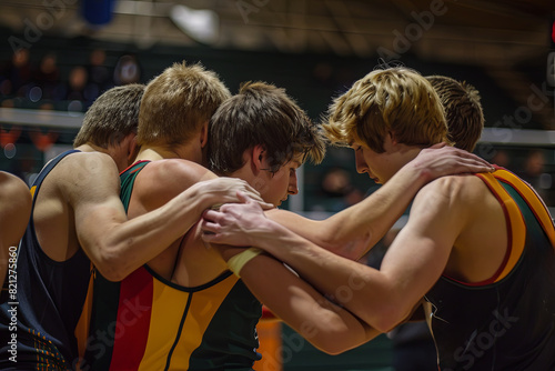 Before a wrestling tournament, high school wrestlers gather and join hands, symbolizing their determination to compete with all their hearts and fight together as a team photo