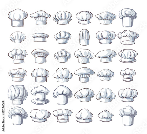 Chef hats cartoon vector set. Culinary caps kitchen master patron restaurant cooking food dishes etiquette accessory, illustration isolated on white background