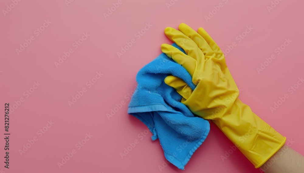 Hand With Yellow Glove on Pink Surface Hand With Yellow Glove on Pink Surface