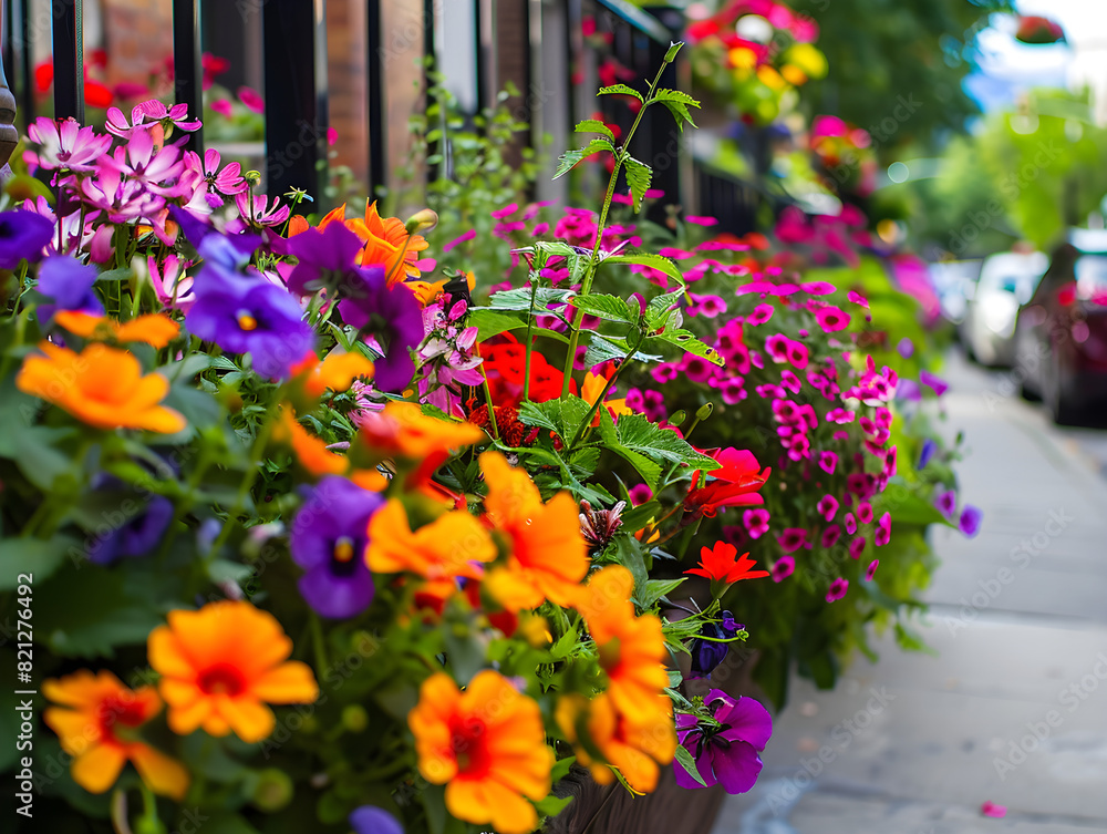 Vibrant City Sidewalk Flower Bed with Rich Array of Colors Including Bright Yellows, Vivid Oranges, Deep Purples, Striking Pinks and Black Metal Railing Contrasting Urban Background with Parked Cars