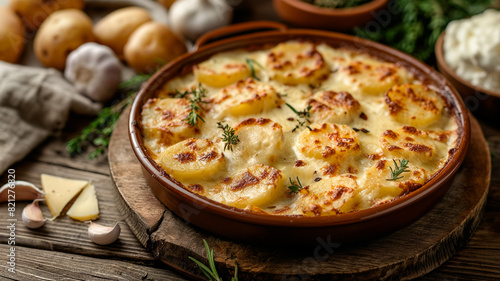 potatoes baked with cheese and herbs, served on a rustic wooden table.
 photo