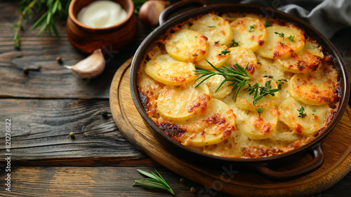 Scalloped potatoes baked with cheese and herbs, served on a rustic wooden table. 