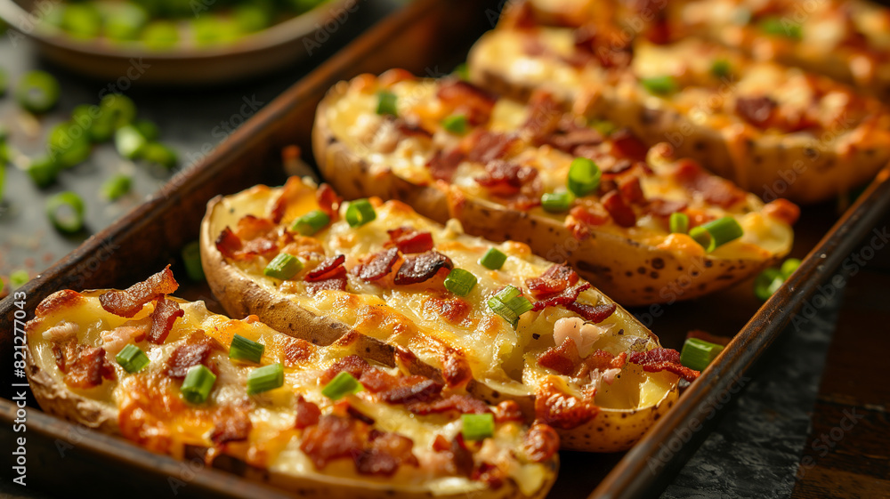 potato skins loaded with cheese, bacon, and green onions, potato skins loaded with cheese, bacon, and green onions,