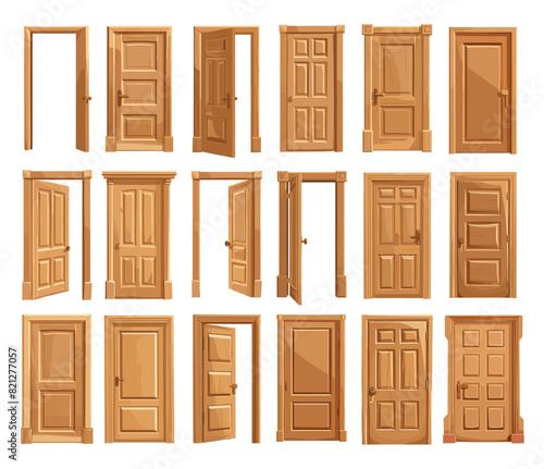 Closed open door cartoon vector set. Wooden different positions frame entrance lock modern old interior design animation element, illustration isolated on white background