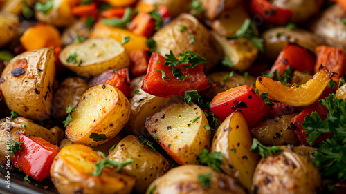 Roasted potato and vegetable medley, featuring red and yellow potatoes, carrots, and bell peppers,