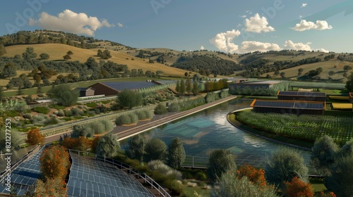 Sustainable Egg Farm with Solar Panels and Water Recycling Systems Against Rolling Hills Backdrop