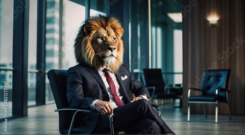 Business man lion sitting on chair at modern office photo