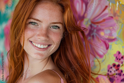Beautiful and sensual redhead young woman smiling at the camera, posed against a vibrant colored background