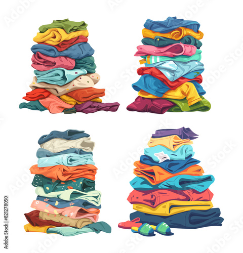 Dirty clothes pile cartoon vector set. Not washed shorts shirts pants socks jackets cleaning laundry stains smelly fabric textile illustration isolated on white background