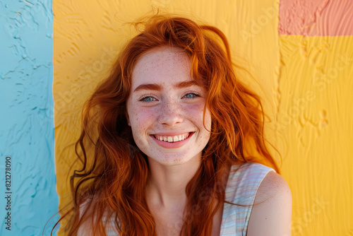Beautiful and sensual redhead young woman smiling at the camera, posed against a vibrant colored background