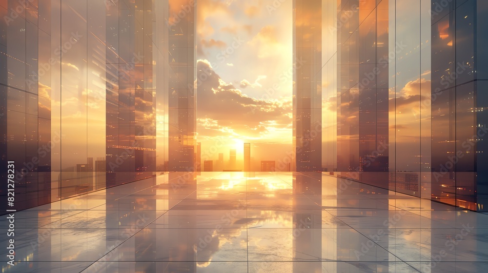 Fototapeta premium Frontal view of a sleek, futuristic cityscape, minimalist design with clean lines and glass facades, bathed in a soft, golden sunrise glow, CG 3D rendering, hyper-realistic details