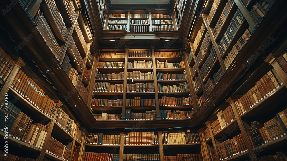 Fototapeta premium Low-angle view of an ancient library, towering bookshelves filled with classic literature, soft golden lighting casting dramatic shadows, oil painting style for a timeless feel