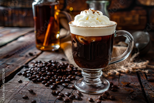 Warm and inviting Irish coffee, served with coffee beans, whiskey, and a generous dollop of cream