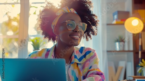 Woman in Colorful Shirt Using Laptop