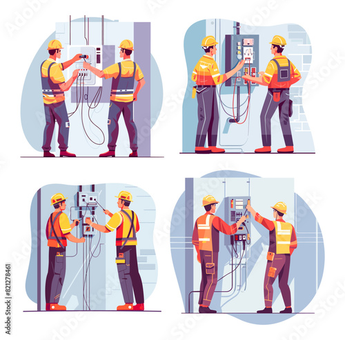 Electricians cartoon vector scenes. Mens workers overalls helmets special clothing suit electrical cables repair electricity box lighting work characters, concepts isolated on white background