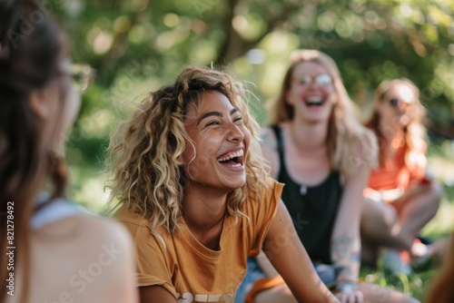 Joyful Group Laughter Therapy Session in Park Under Autumn Trees - Community Bonding