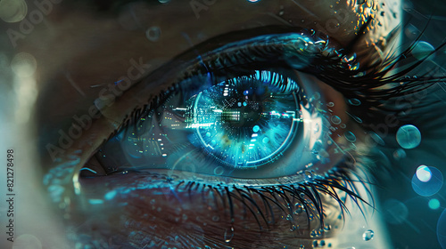 Futuristic Human Eye with Glowing Blue Cybernetic Enhancements 