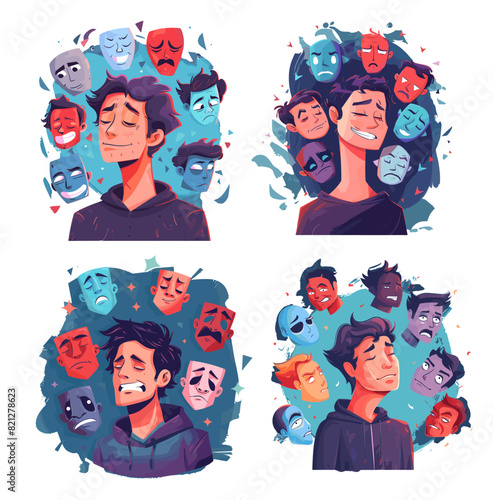 Emotion mask man cartoon vector concepts. Person true anger grim irony dreams irritation contempt feelings despondency bipolar mental problems character, illustration isolated on white background