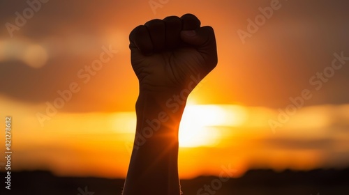 A persons fist raised in defiance against a breathtaking sunset backdrop  banner  copy space