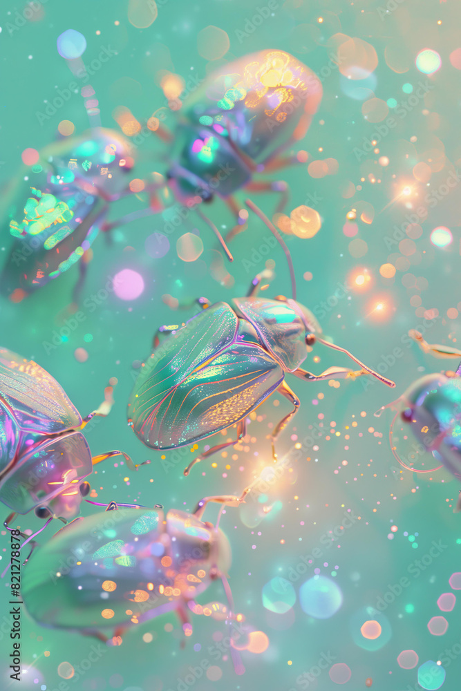 3D rendering of iridescent holographic bugs , insects on a pastel green background with glitter and sparkles 3D rendering of iridescent holographic bugs , insects on a pastel green background with glitter and sparkles
