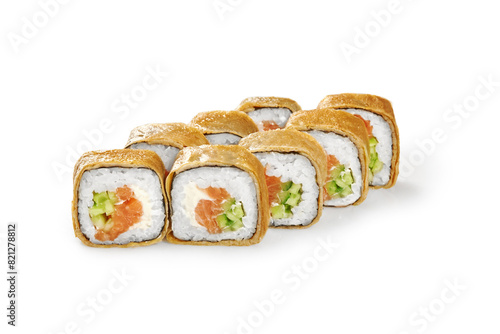 Japanese crepe sushi roll with salmon, cucumber and cream cheese