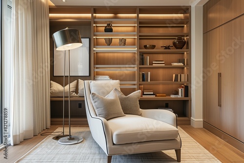 Cozy Contemporary Elegance Reading Corner with a Modern Chaise, Sleek Floor Lamp, and Open Shelving for a Personal Sanctuary