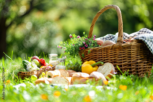Fresh and wholesome food items from a picnic basket, artfully arranged on lush grass in a garden setting photo