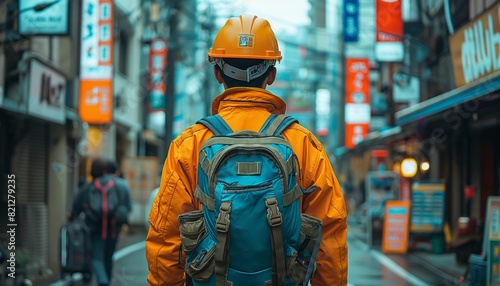 Worker with helmet and backpack in city