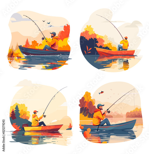 Fishing cartoon vector scene. Man boat fish rod trees lake pond landscape hobby active getters character nature recreation, illustration isolated on white background