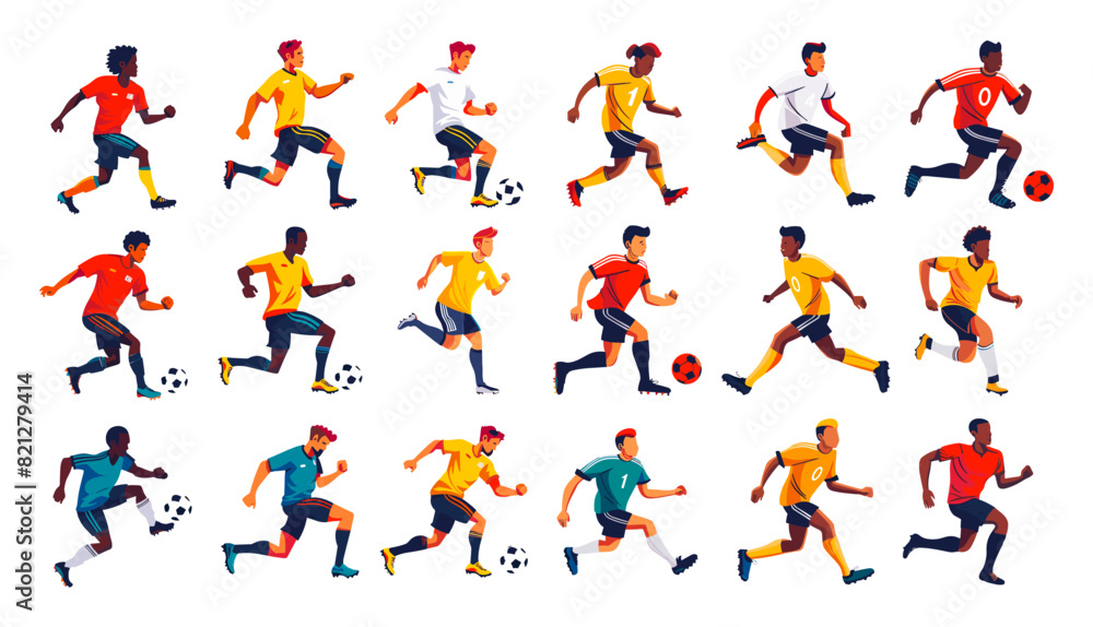 Football players cartoon vector set. Men active poses uniform ball soccer team run kick sports game champion competition characters, illustration isolated on white background
