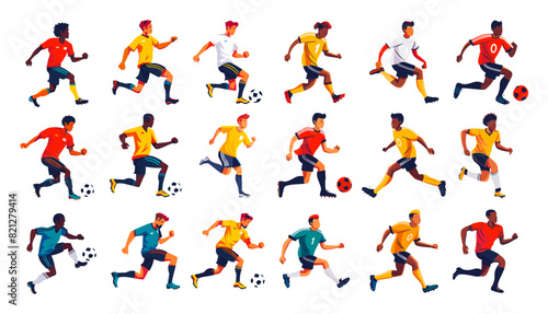 Football players cartoon vector set. Men active poses uniform ball soccer team run kick sports game champion competition characters  illustration isolated on white background