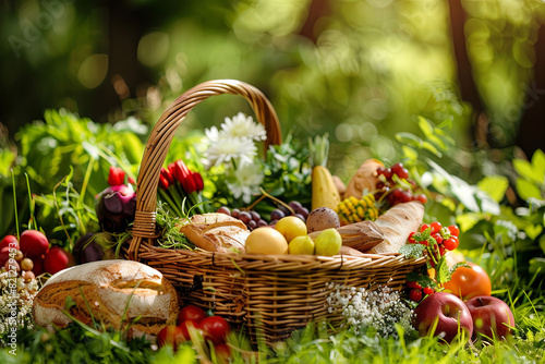 Fresh and wholesome food items from a picnic basket, artfully arranged on lush grass in a garden setting photo