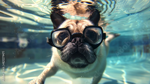 Graceful Pug Swimming Underwater Wearing Goggles in Hyper Image © Mickey