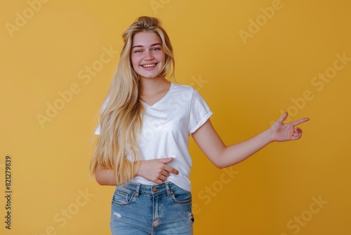 Woman With Long Blonde Hair in Front of Yellow Background
