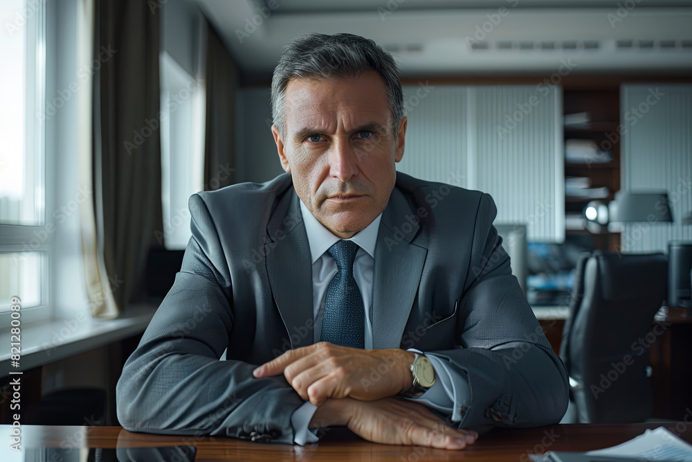 Big corporation chief officer sitting at his office desk, looking directly at the camera with a serious and confident demeanor Big corporation chief officer sitting at his office desk, looking directly at the camera with a serious and confident demeanor