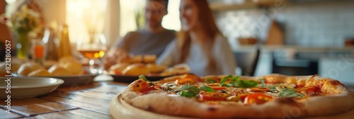 A freshly baked pizza with mozzarella  tomatoes  and basil awaits on a rustic wooden table in a cozy kitchen