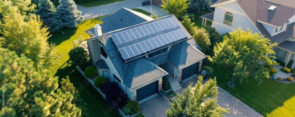 Aerial view of a modern house with rooftop solar panels in a suburban neighborhood surrounded by trees and greenery. Solar energy concept. Aerial view of a modern house with rooftop solar panels in a suburban neighborhood surrounded by trees and greenery. Solar energy concept.