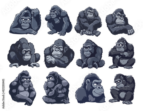 Gorilla cartoon vector set. Monkey powerful strong large herbivorous primate wild inhabitant jungle tropics animal, illustration isolated on white background