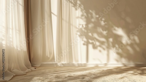 Empty beige wall color room interior design in sunlight with shadow. Generated AI image © Leafart