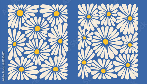 Groovy abstract floral botanical background. Posters with curvy white daisy. Aesthetic Modern Art Illustration.